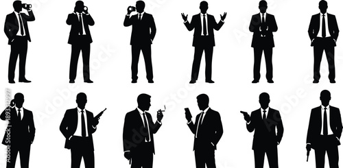 Businessman silhouette vector set, spy pose, corporate attire, secret agent, professional gesture, black icons, action, mystery, posture, style