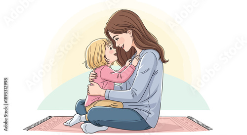 A mother gently hugs her young daughter on a mat indoors with loving affection