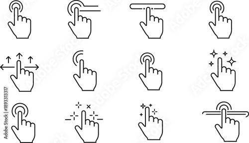 Touch Gesture Hand Icons Set Showing Tap, Swipe, Drag, Click and Interactive Actions, Minimal Line User Interface Symbols Vector Illustration