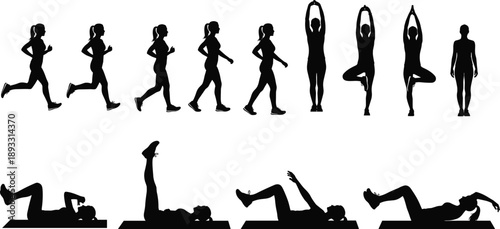 Women Fitness and Yoga Silhouettes Set, Running Walking Stretching and Floor Exercise Poses Collection, Healthy Lifestyle Workout Black Vector Illustration