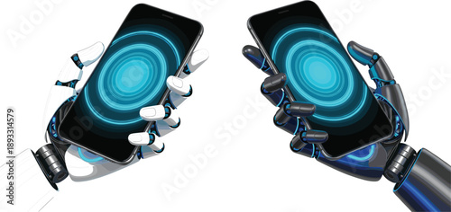 Set of futuristic robotic hands holding smartphones with blue glowing circular interface isolated on grey background for AI and technology concepts