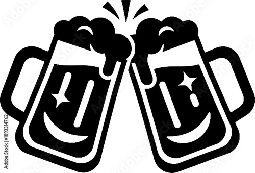 Two happy stylized beer mugs clinking together in a cheerful toast on transparent background