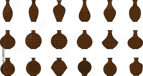 Brown ceramic pottery vase silhouette icon set with decorative patterns, traditional handmade clay jar collection isolated on white background