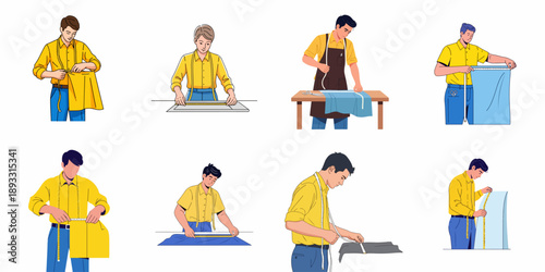 Set of vector illustrations depicting male tailors and seamsters measuring, cutting, and working with fabric for garment creation.