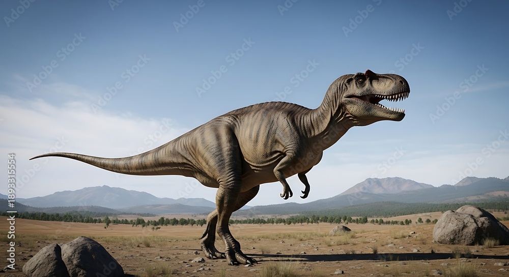 Fototapeta premium Tyrannosaurus Rex Roaming in a Prehistoric Landscape.