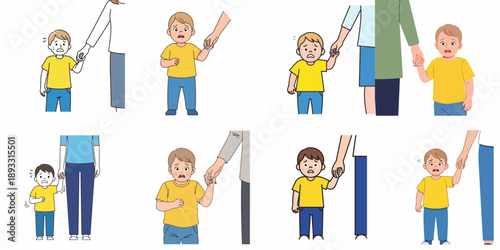 Anxious young boy holding an adult's hand in various poses, illustrating fear, separation anxiety, and parental protection.