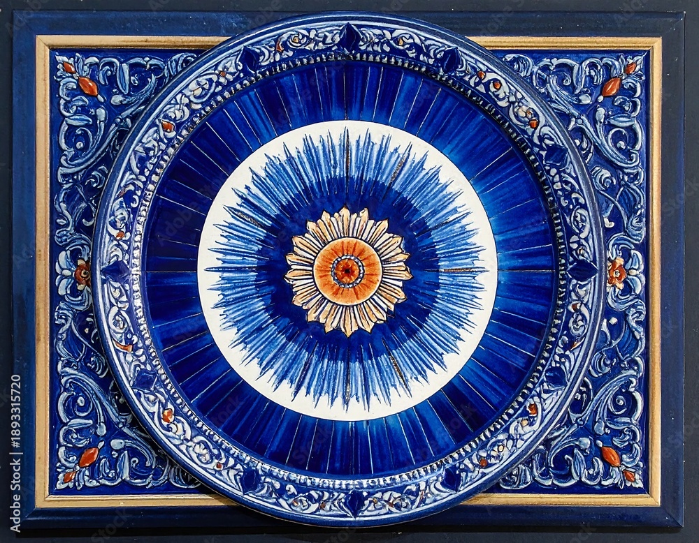 Fototapeta premium Ornate ceramic plate within a decorative blue and gold frame