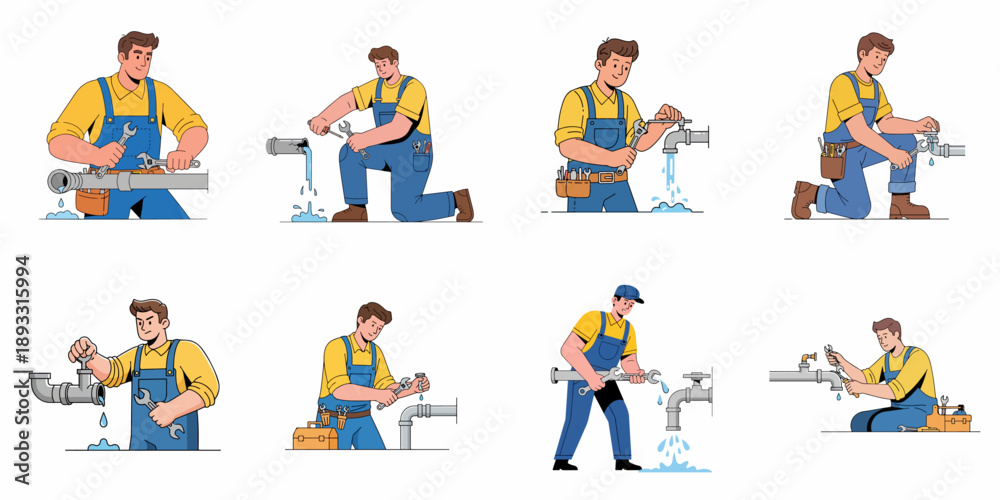 Fototapeta premium Plumbing Repair Services Set: Cartoon Plumber Character Fixing Pipes and Leaky Faucets with Tools and Wrenches.