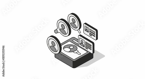 Isometric illustration of a laptop with various icons and graphics floating above the screen.