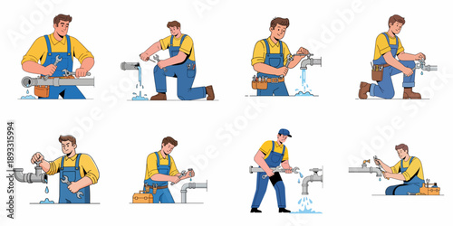 Plumbing Repair Services Set: Cartoon Plumber Character Fixing Pipes and Leaky Faucets with Tools and Wrenches.