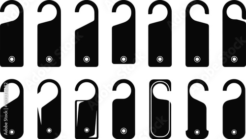 Door Hanger Tags Icons Set, Blank Hotel Do Not Disturb and Information Signs Collection, Black Silhouette Plastic Card Label Vector Illustration