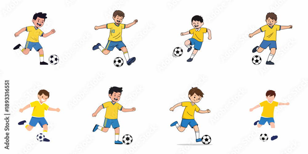 Fototapeta premium Set of Cute Cartoon Boys Playing Soccer. Vector Collection of Young Football Players Running, Dribbling, and Kicking the Ball in Yellow and Blue Uniforms.