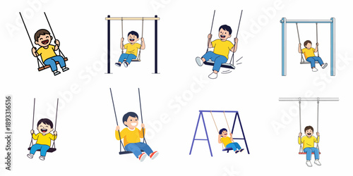 Collection of Cute Cartoon Illustrations Showing a Happy Young Boy Enjoying Swinging on a Playground Swing Set