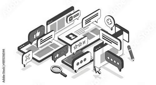Isometric illustration of various digital devices and office supplies.
