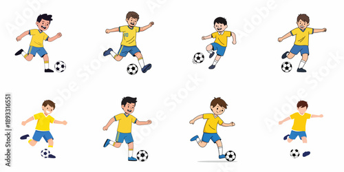 Set of Cute Cartoon Boys Playing Soccer. Vector Collection of Young Football Players Running, Dribbling, and Kicking the Ball in Yellow and Blue Uniforms.