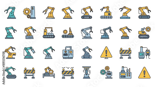 Industrial robotic arms and machinery icons.