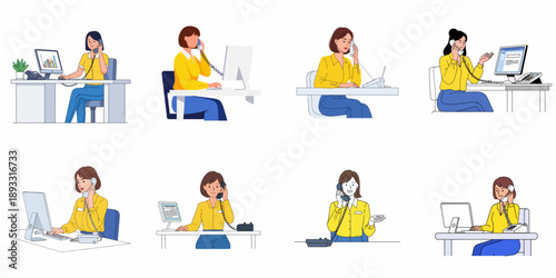 Eight illustrations of businesswomen or call center agents operating desk phones and computers in a professional office environment.