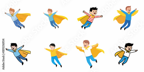 A collection of 8 cartoon boys dressed as superheroes in yellow capes, flying or floating with arms outstretched, isolated vector illustration.