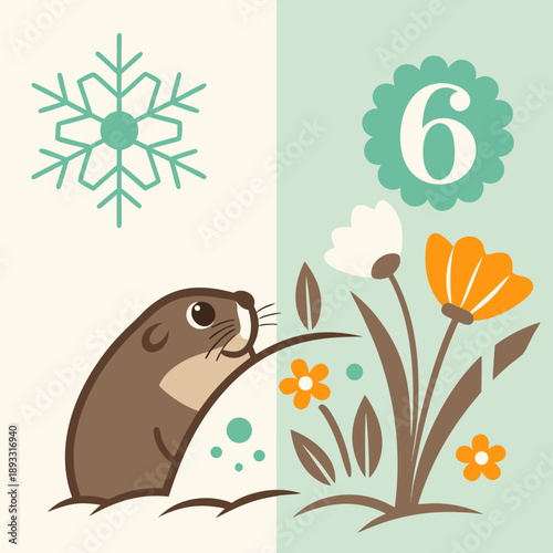 A cute cartoon groundhog sniffs a blooming flower in spring
