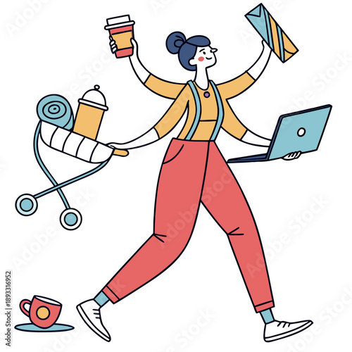 A cartoon woman multitasking with a baby stroller laptop and coffee