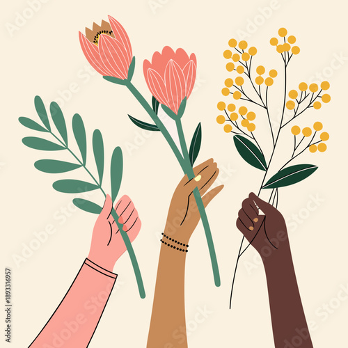 A colorful vector illustration of three hands holding flowers