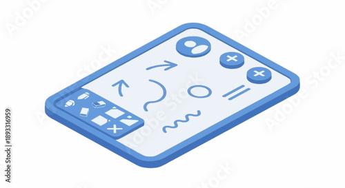 Digital tablet with interactive interface elements and icons.