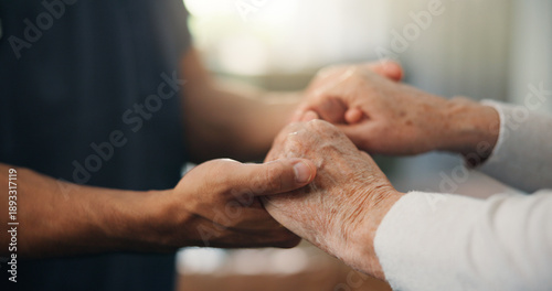 Caregiver, holding hands and comfort with senior person in home for empathy, support and medical results. Nurse, consoling or elderly patient for reassurance, healthcare diagnosis and assisted living
