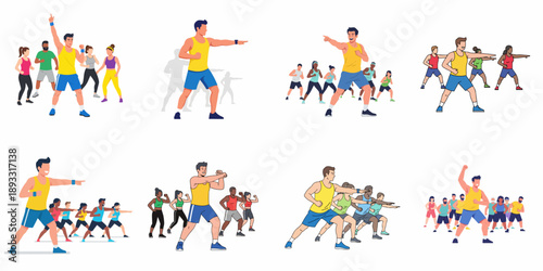 Group Exercise and Fitness Class Illustrations Set: Diverse people engaging in aerobics, cardio, and workout sessions led by male instructors.