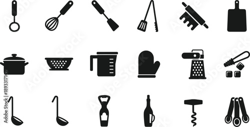Kitchen Utensils and Cooking Tools Icons Set, Pots Whisks Ladles Graters and Accessories Collection, Culinary Equipment Black Silhouette Vector Illustration