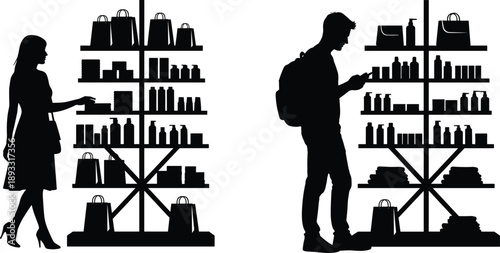 Male and female shopper silhouettes browsing retail shelves, modern shopping lifestyle scene with consumer products, store interior vector illustration isolated