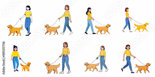Set of eight flat illustrations showing diverse women walking happy Golden Retriever dogs on leashes during outdoor exercise.