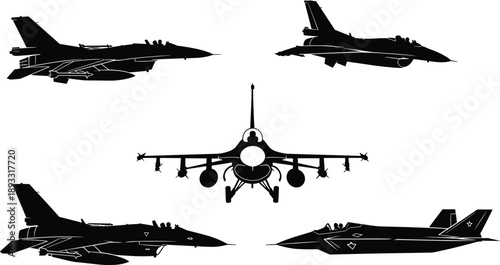 Military Fighter Jet Silhouettes Set from Multiple Angles, Modern Combat Aircraft Collection for Defense, Aviation, and Air Force Vector Illustration