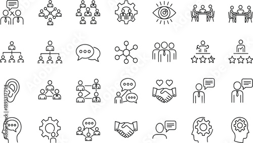 Set of team collaboration icons, business leadership symbols, corporate communication, meeting, partnership, handshake, organizational hierarchy, vision, and professional workforce collection 