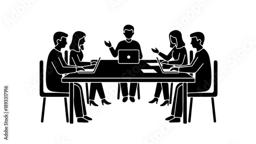 Business people sitting around a table in an office meeting vector illustration