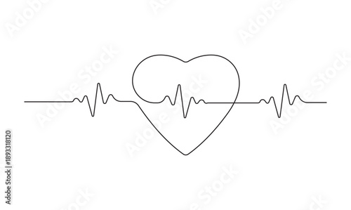 Minimalist heart with continuous pulse rate line art for medical and healthcare concept