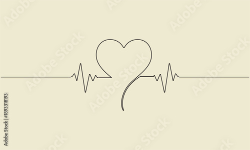 Minimalist heart with continuous pulse rate line art for medical and healthcare concept