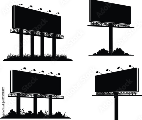 Outdoor billboard silhouettes collection for advertising and marketing, blank roadside hoardings with lighting, urban media display vector illustration set