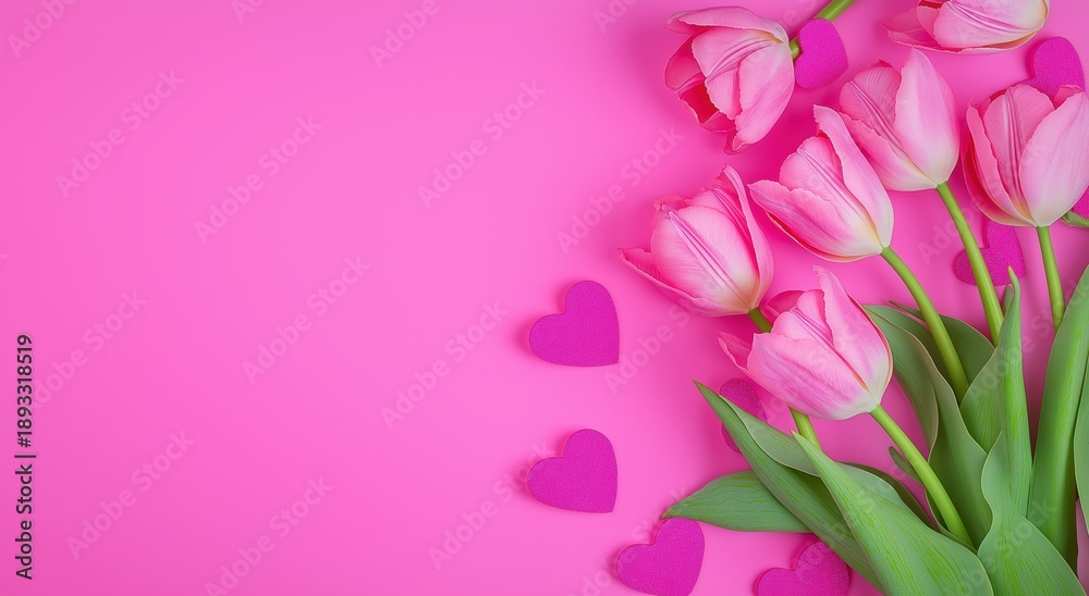 Fototapeta premium Pink tulips blooming with small heart shapes arranged on bright pink background, symbolizing love, romance, and spring celebration