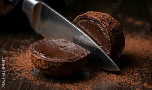 A dark chocolate truffle with a luscious ganache filling is meticulously cut in half, dusted with cocoa powder on a dark wooden table.