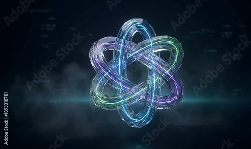 A luminous crystal knot with vibrant neon accents symbolizes interconnected technology and complex scientific concepts.