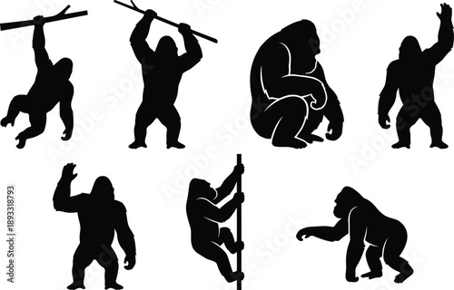 Black Silhouettes of Gorillas in Varied Poses Depicting Natural Behavior, Strength, and Environmental Interaction