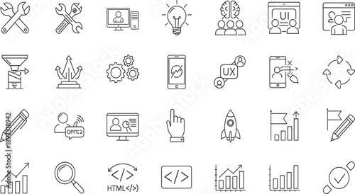 Set of web development line icons, coding, UI UX design, SEO, business strategy, startup, digital marketing, vector illustration collection isolated.