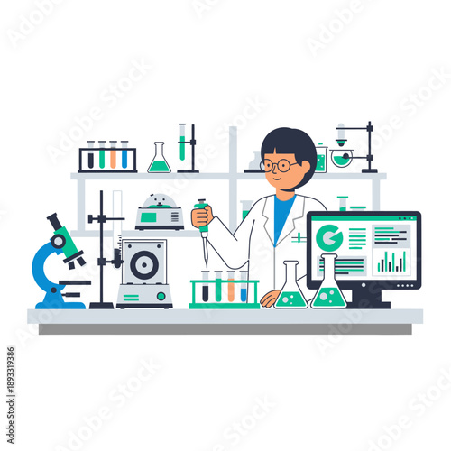 Scientist working in modern laboratory with equipment and computer screen
