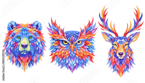 Vibrant animal portraits in watercolor geometric style: bear, owl and stag with antlers, bright blue, orange, red and purple shapes on white. Concept for posters, tattoos and branding.