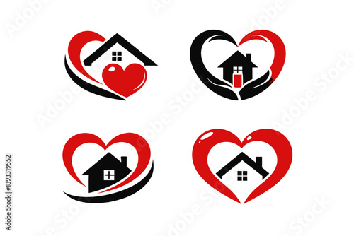Set of red and black heart house logos combining home and care symbols, including medical cross and supportive hands. Concept of real estate, home healthcare, charity, and protection.