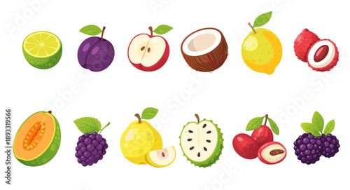 Colorful tropical fruit icon set with lime, plum, apple, coconut, lemon, lychee, papaya, pear, soursop, cherries and berries, isolated on white. Fresh nutrition and smoothie concept.