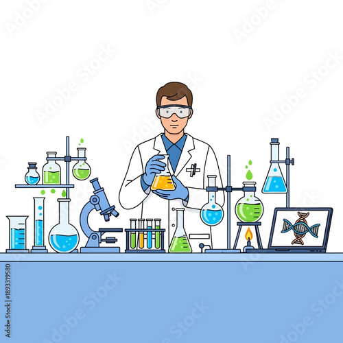 Scientist in Laboratory with DNA, Microscope, and Flasks - Medical Research Concept