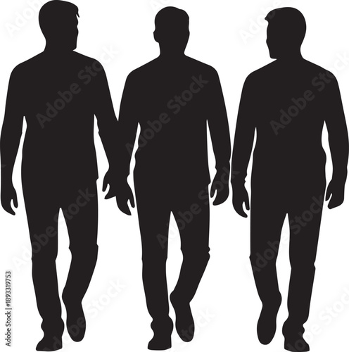 Three men walking silhouette illustration together isolated on transparent background vector graphic