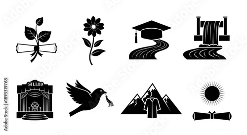 Symbolic black and white icons blending nature and educational journey concepts.