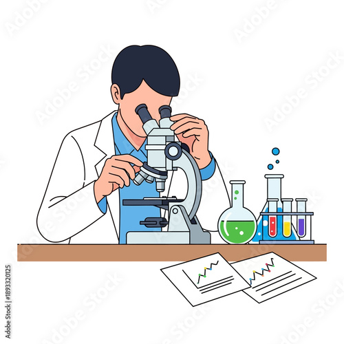 Scientist examining specimen under microscope in laboratory with colorful test tubes